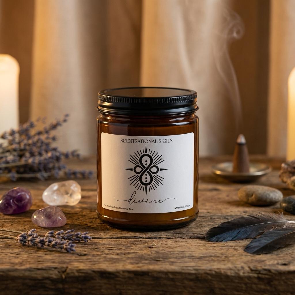 “Amber glass intention candle featuring the Divine sigil symbol with ‘divine’ written in script underneath, displayed in a dark mystical setting.”