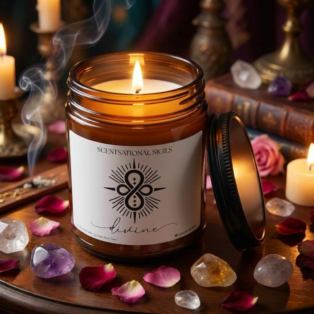 “Amber glass intention candle featuring the Divine sigil symbol with ‘divine’ written in script underneath, displayed in a dark mystical setting.”