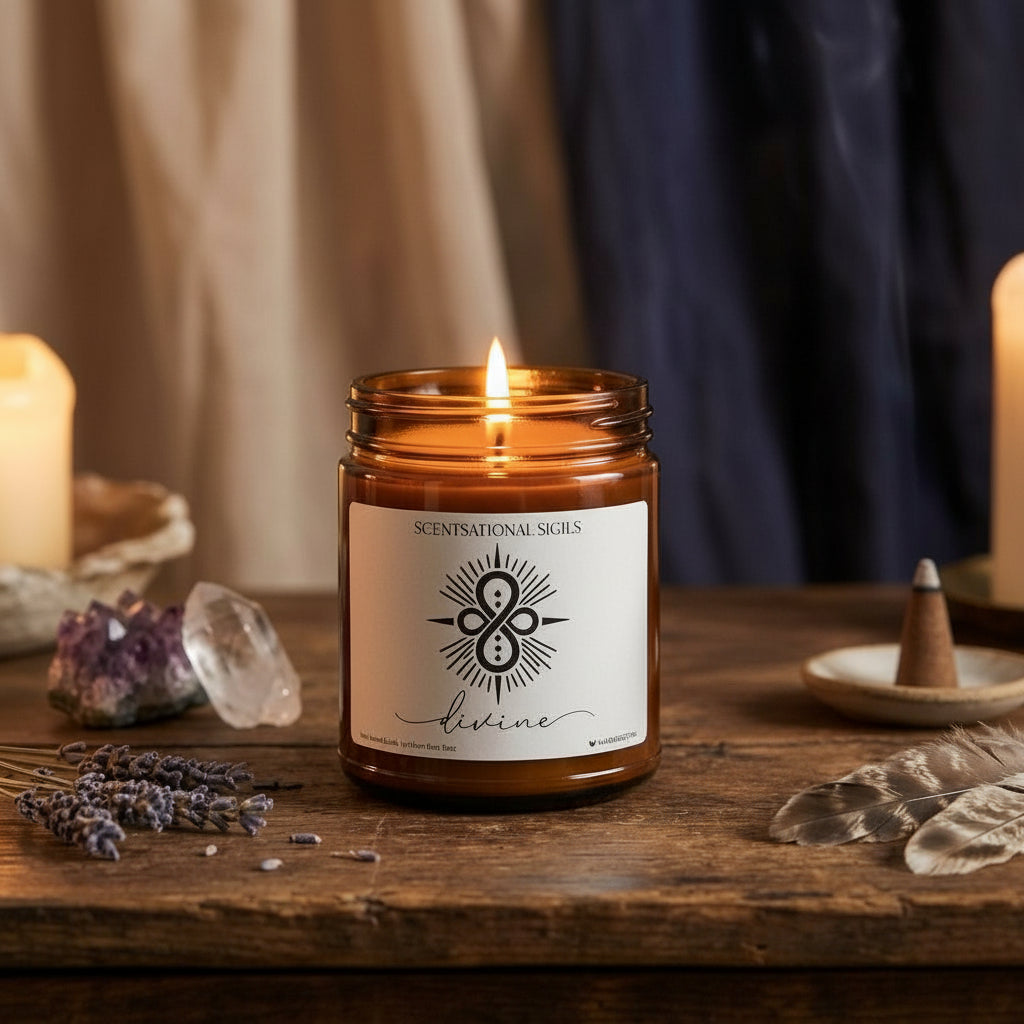 “Amber glass intention candle featuring the Divine sigil symbol with ‘divine’ written in script underneath, displayed in a dark mystical setting.”