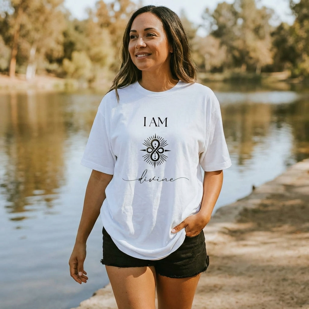 A woman walks peacefully along a lakeside path wearing a white T-shirt printed with the words “I AM Divine” and a central sigil symbol. The natural setting and soft light evoke serenity, sacred alignment, and a deep connection to inner and outer divinity.