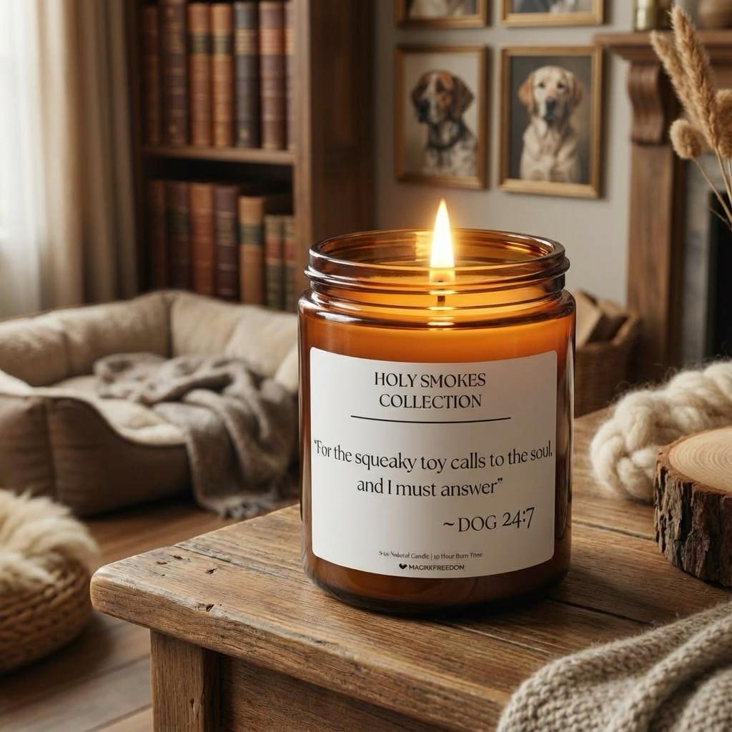 Holy Smokes Dog candle displayed against a symbolic background inspired by the meaning of the verse.