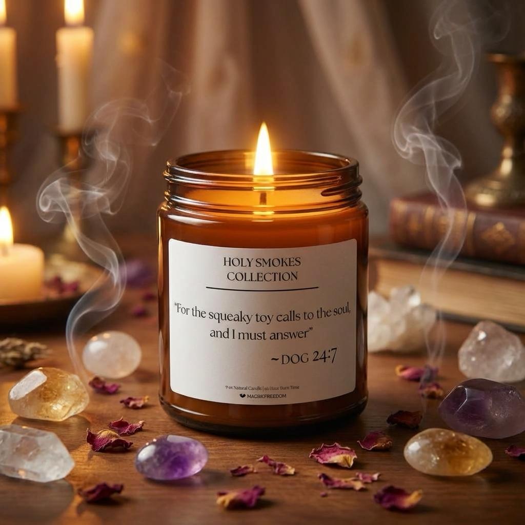 Holy Smokes Dog candle arranged with altar items in a ritual-inspired setting.
