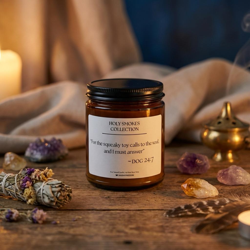 Holy Smokes Dog candle arranged with altar items in a ritual-inspired setting.