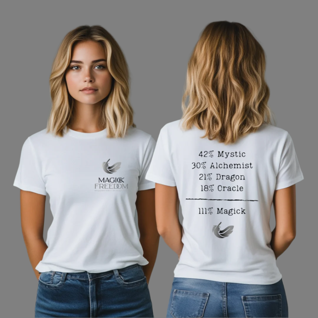 Model wearing a short sleeve, crew neck, 111% Magick T-shirt.
On the front left chest area is the Magick Freedom feather logo. 
The back of the shirt displays a breakdown of mystical archetypes, listing "42% Mystic, 30% Alchemist, 21%  Dragon, 18% Oracle," followed by a line and the phrase "111% Magick".
