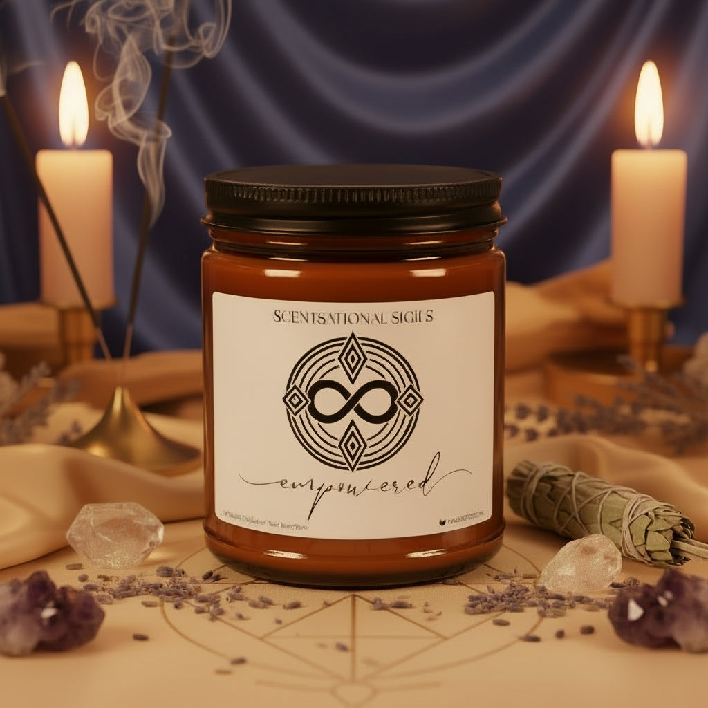 Amber glass intention candle featuring the Empowered sigil symbol with ‘empowered’ written in script underneath, displayed on an altar with sacred items