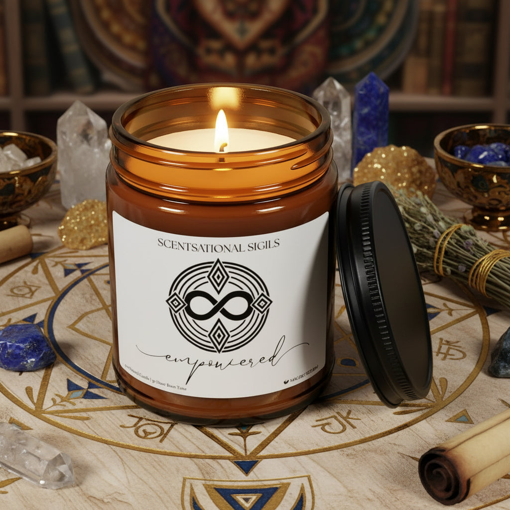 Amber glass intention candle featuring the Empowered sigil symbol with ‘empowered’ written in script underneath, displayed on an altar with sacred items