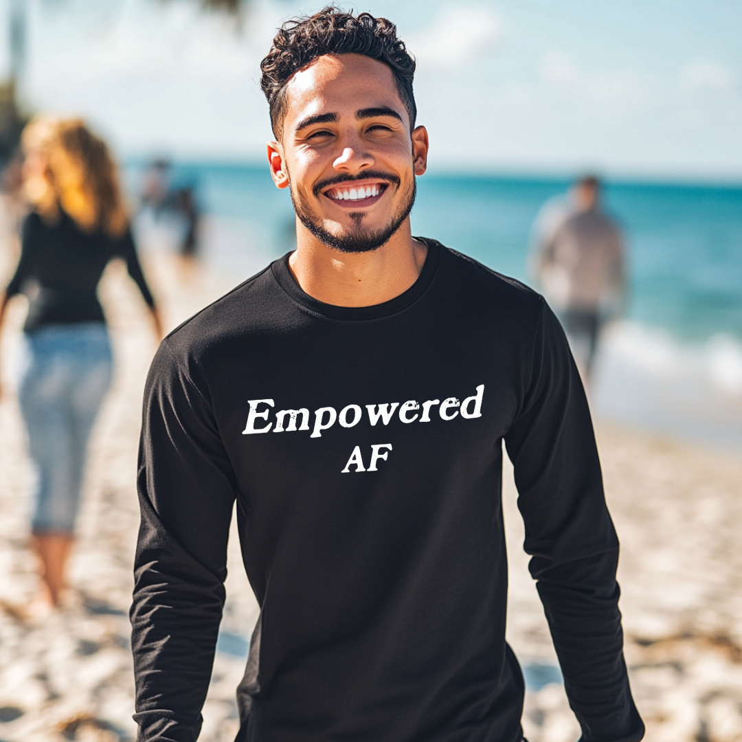 Model wearing a crew neck, long sleeve T-shirt with Empowered AF printed in block letters and centered on the chest.
Wear it, own it, live it.
