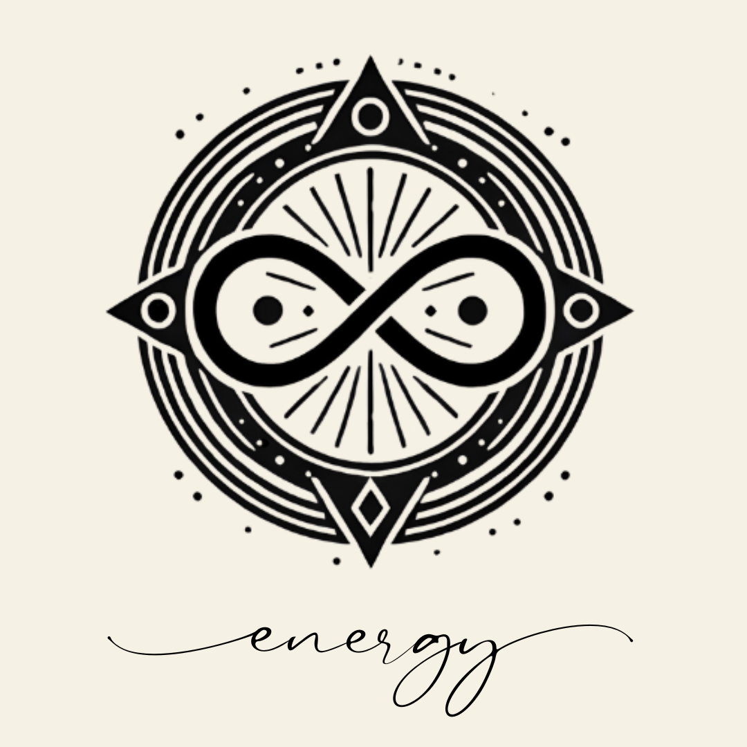 Close up on the main label image of Energy sigil symbol with corresponding script underneath on neutral background