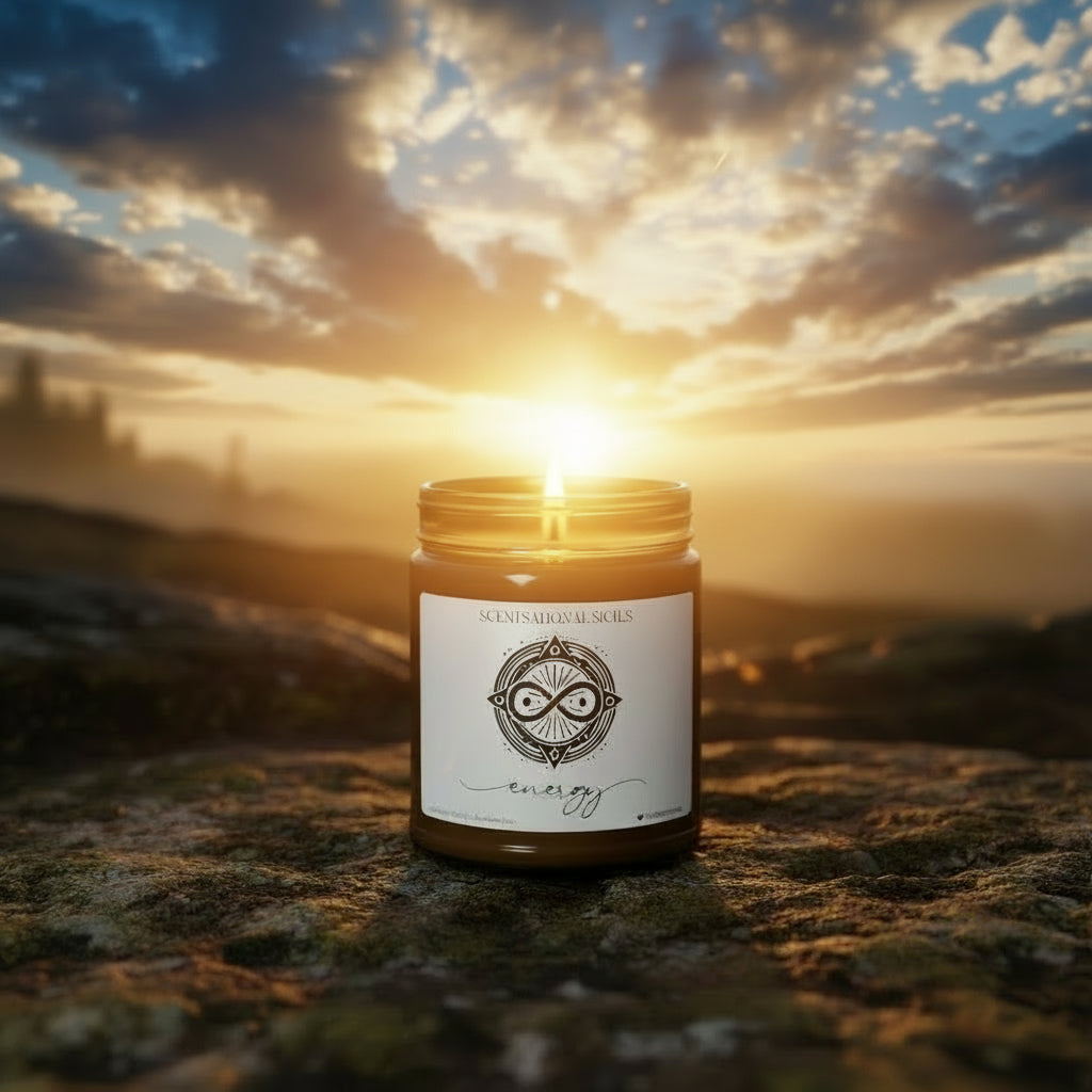 Amber glass intention candle featuring the Energy sigil symbol with ‘energy’ written in script underneath, displayed on an altar with sacred items