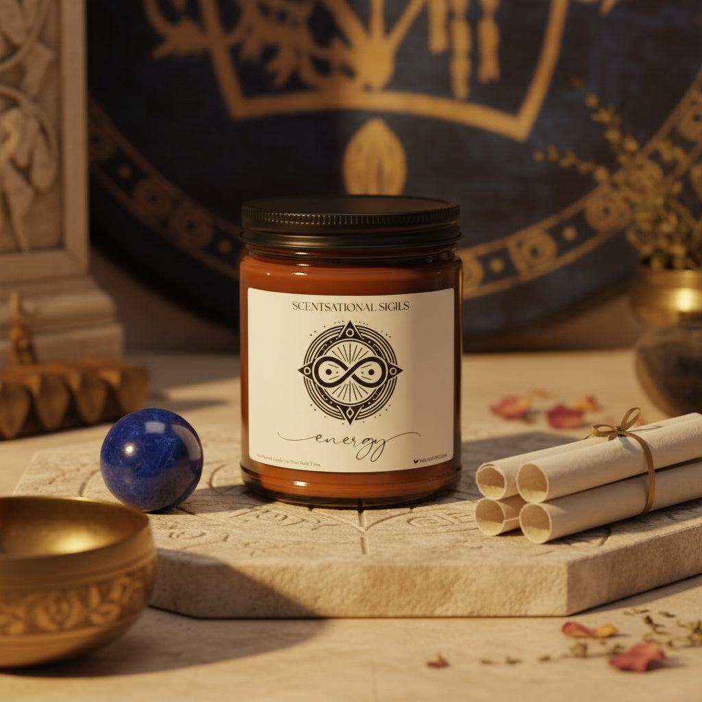 Amber glass intention candle featuring the Energy sigil symbol with ‘energy’ written in script underneath, displayed on an altar with sacred items