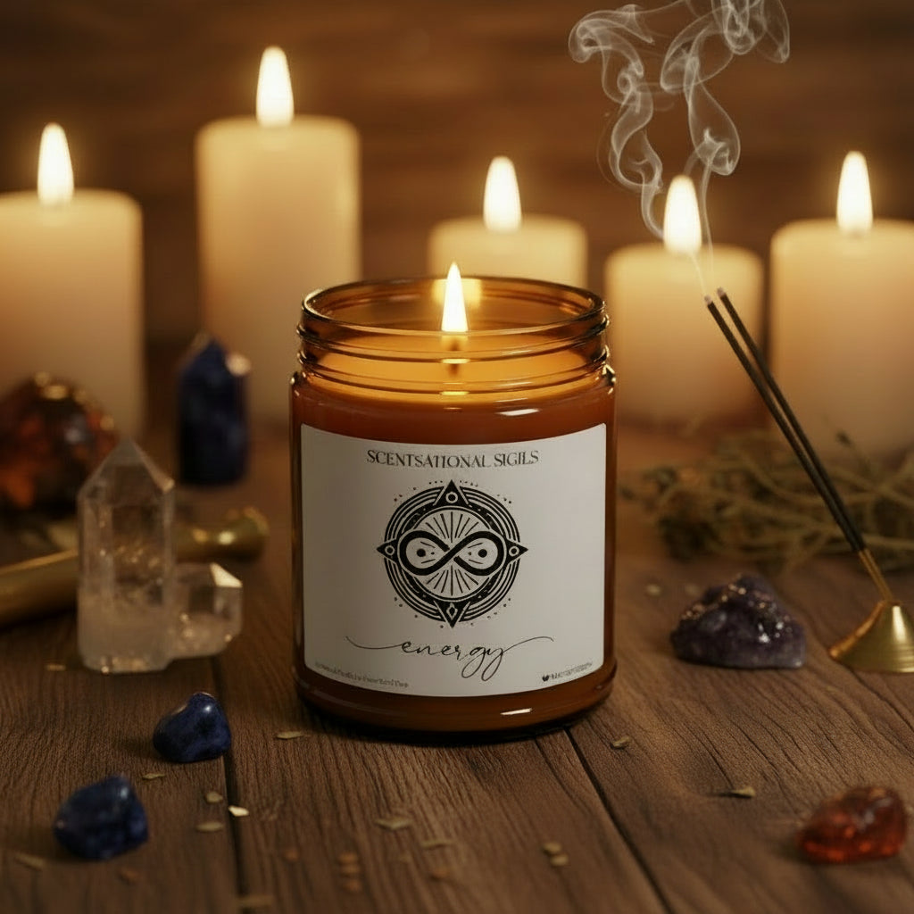 Amber glass intention candle featuring the Energy sigil symbol with ‘energy’ written in script underneath, displayed on an altar with sacred items