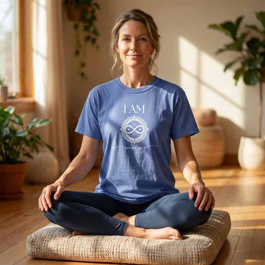 A woman sits in meditation wearing a blue T-shirt featuring the words “I AM Energy” with a sacred sigil symbol. Soft natural light, plants, and a calm interior setting evoke mindfulness, energy alignment, and spiritual presence.