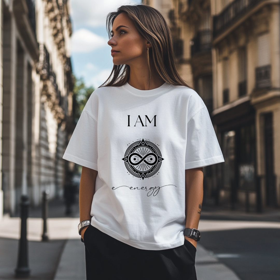 Model wearing a crew neck t-shirt,  with symbolic sigil centered on the chest, representing energy.
The shirt reads 'I AM' in block font above the sigil and 'energy' in script font below the sigil.
Declare to the world: I AM energy.