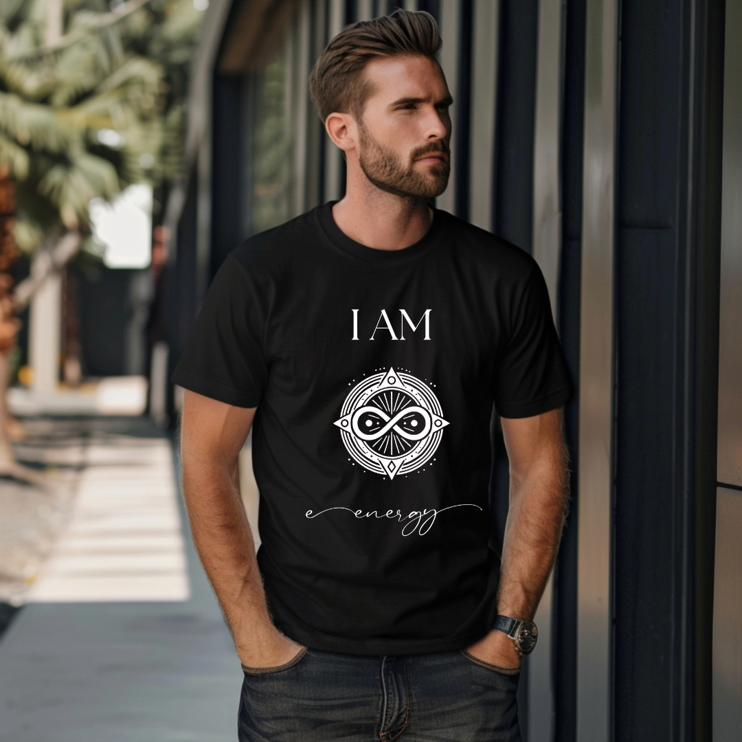 Model wearing a crew neck t-shirt,  with symbolic sigil centered on the chest, representing energy.
The shirt reads 'I AM' in block font above the sigil and 'energy' in script font below the sigil.
Declare to the world: I AM energy.