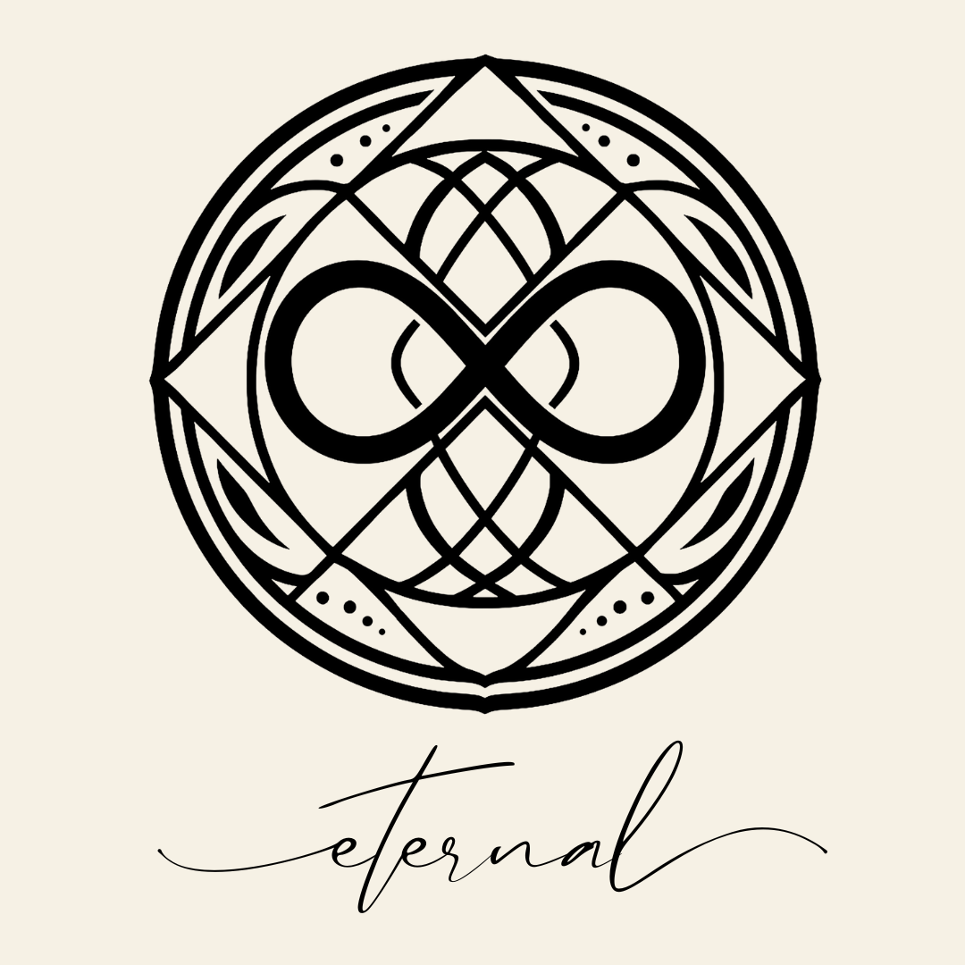 Close up on the main label image of Eternal sigil symbol with corresponding script underneath on neutral background
