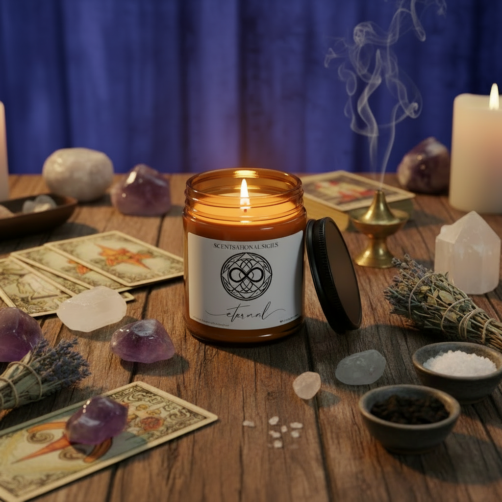 Amber glass intention candle featuring the Eternal sigil symbol with ‘eternal’ written in script underneath, displayed on an altar with sacred items
