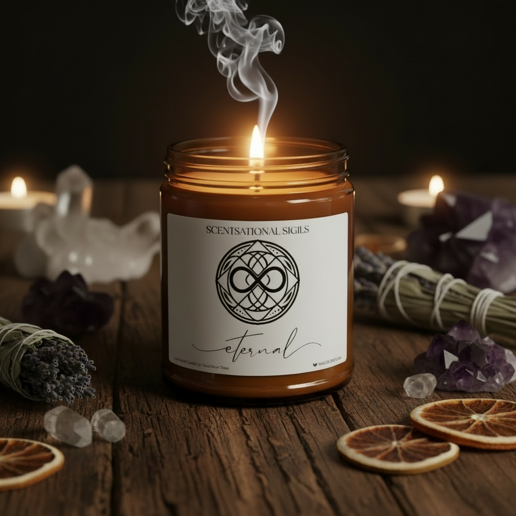 Amber glass intention candle featuring the Eternal sigil symbol with ‘eternal’ written in script underneath, displayed on an altar with sacred items