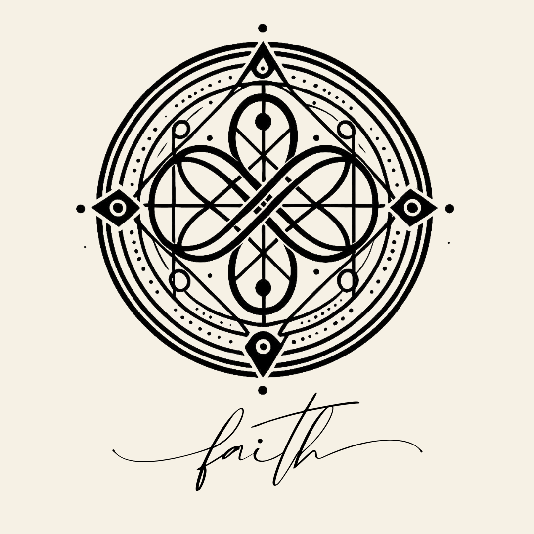 Close up on the main label image of Faith sigil symbol with corresponding script underneath on neutral background