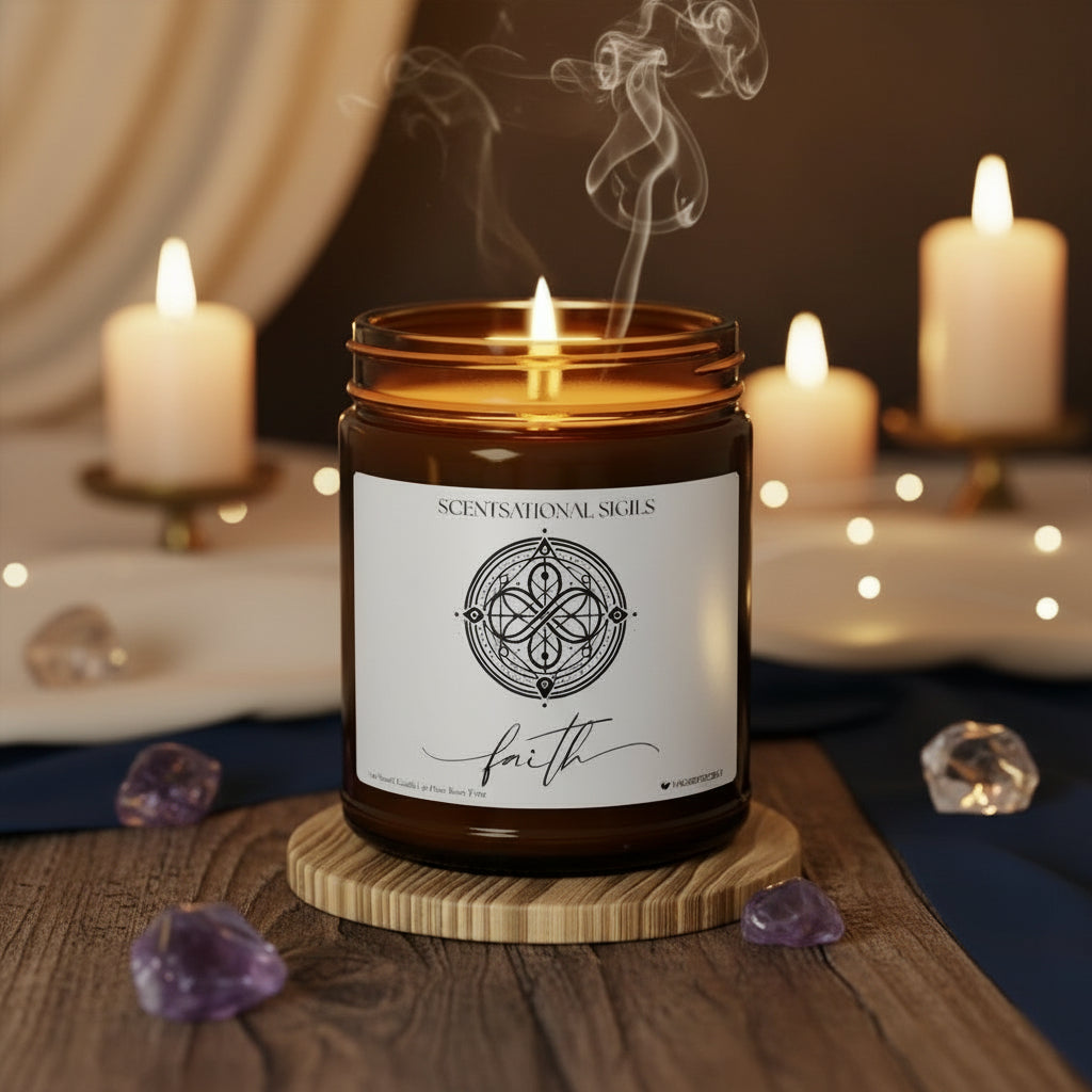 Amber glass intention candle featuring the Faith sigil symbol with ‘faith’ written in script underneath, displayed on an altar with sacred items
