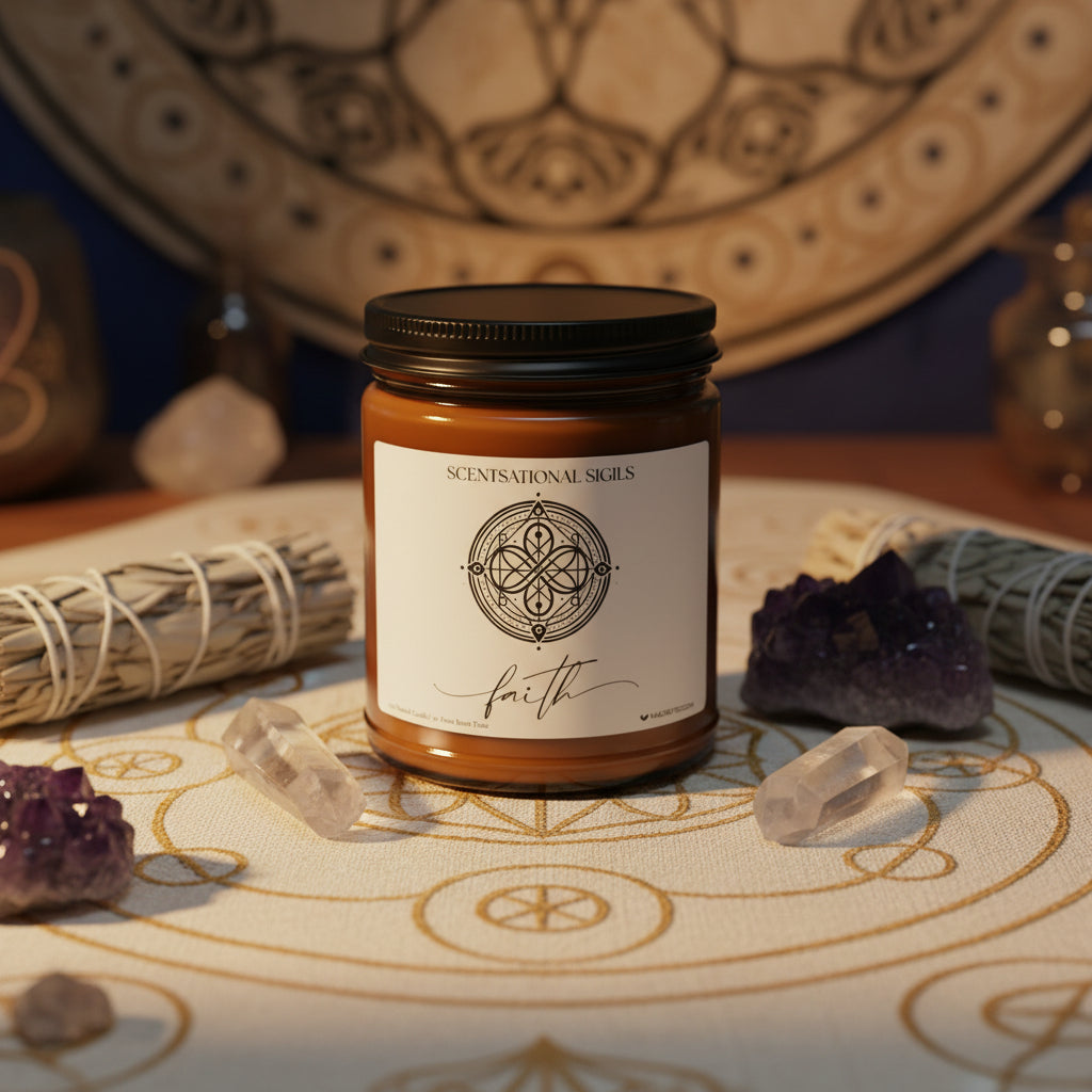 Amber glass intention candle featuring the Faith sigil symbol with ‘faith’ written in script underneath, displayed on an altar with sacred items