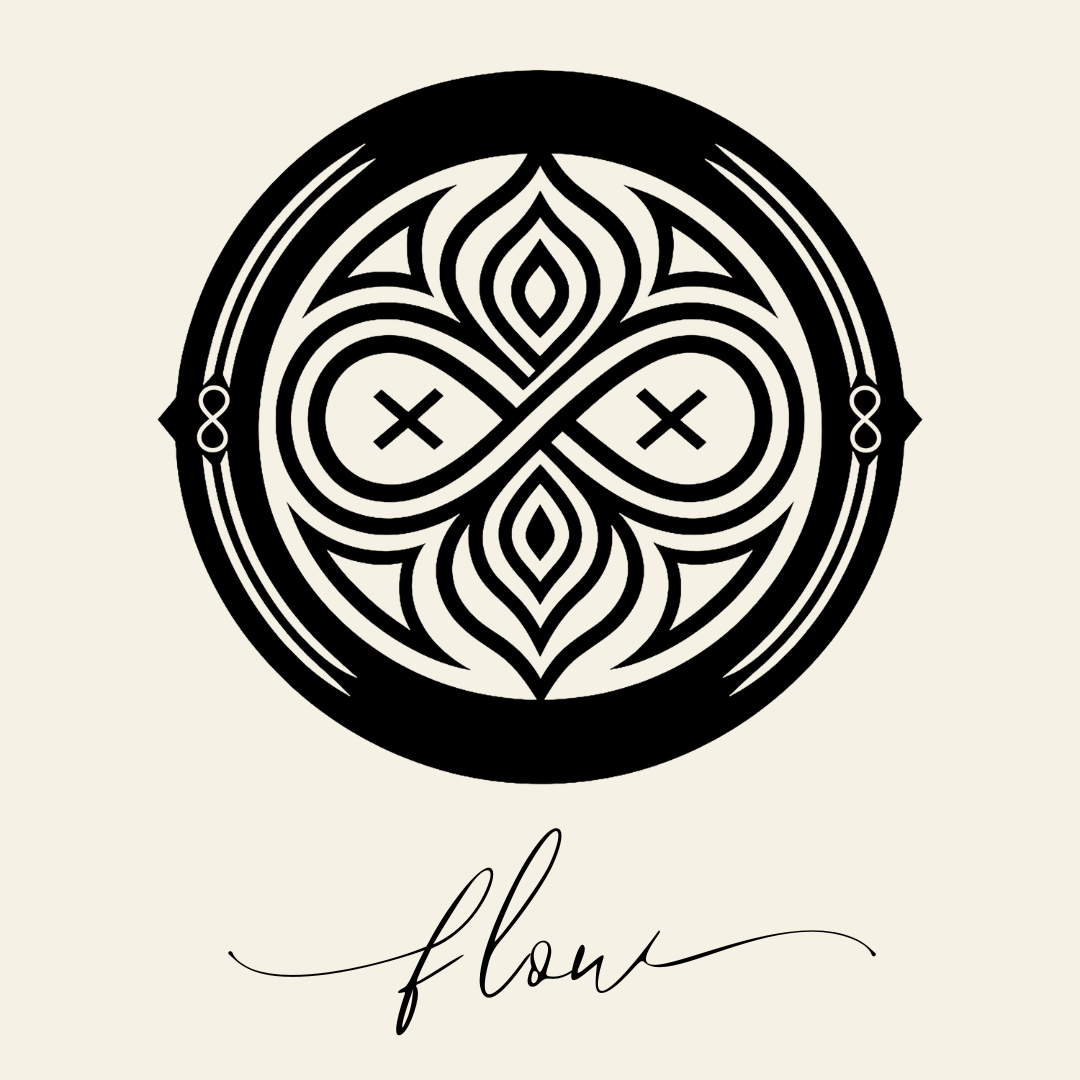 Close up on the main label image of Flow sigil symbol with corresponding script underneath on neutral background