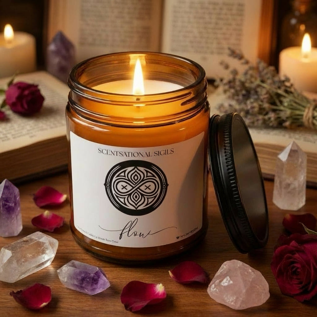 Amber glass intention candle featuring the Flow sigil symbol with ‘flow’ written in script underneath, displayed on an altar with sacred items