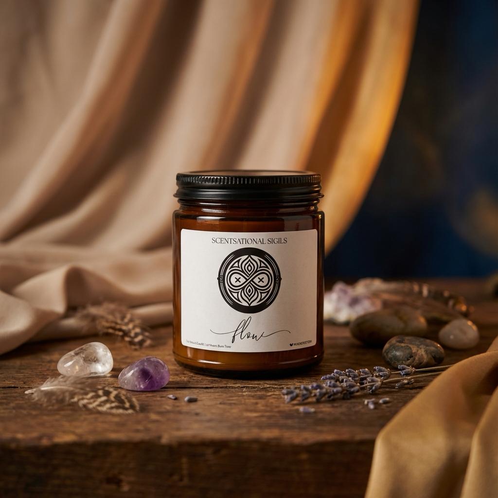 Amber glass intention candle featuring the Flow sigil symbol with ‘flow’ written in script underneath, displayed on an altar with sacred