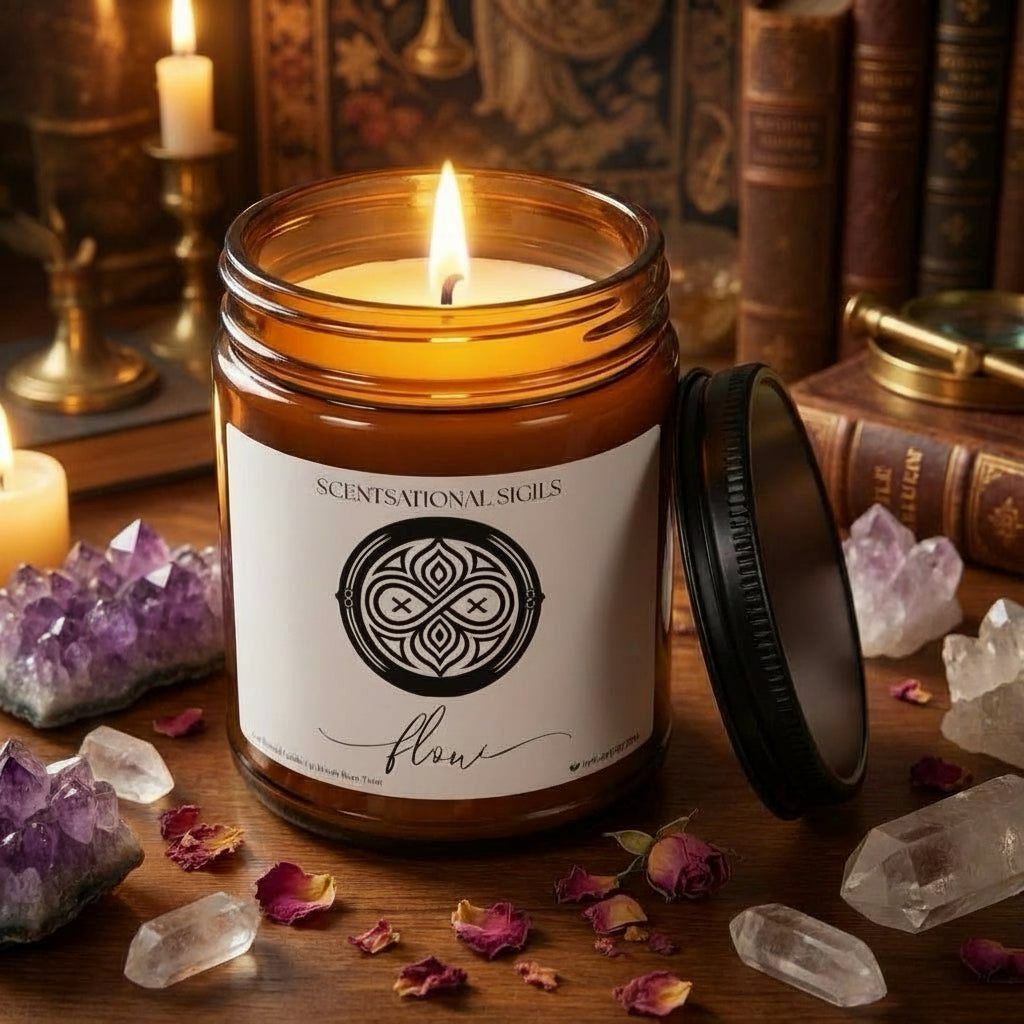Amber glass intention candle featuring the Flow sigil symbol with ‘flow’ written in script underneath, displayed on an altar with sacred
