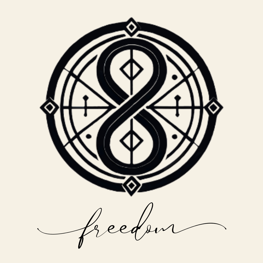 Close up on the main label image of Freedom sigil symbol with corresponding script underneath on neutral background