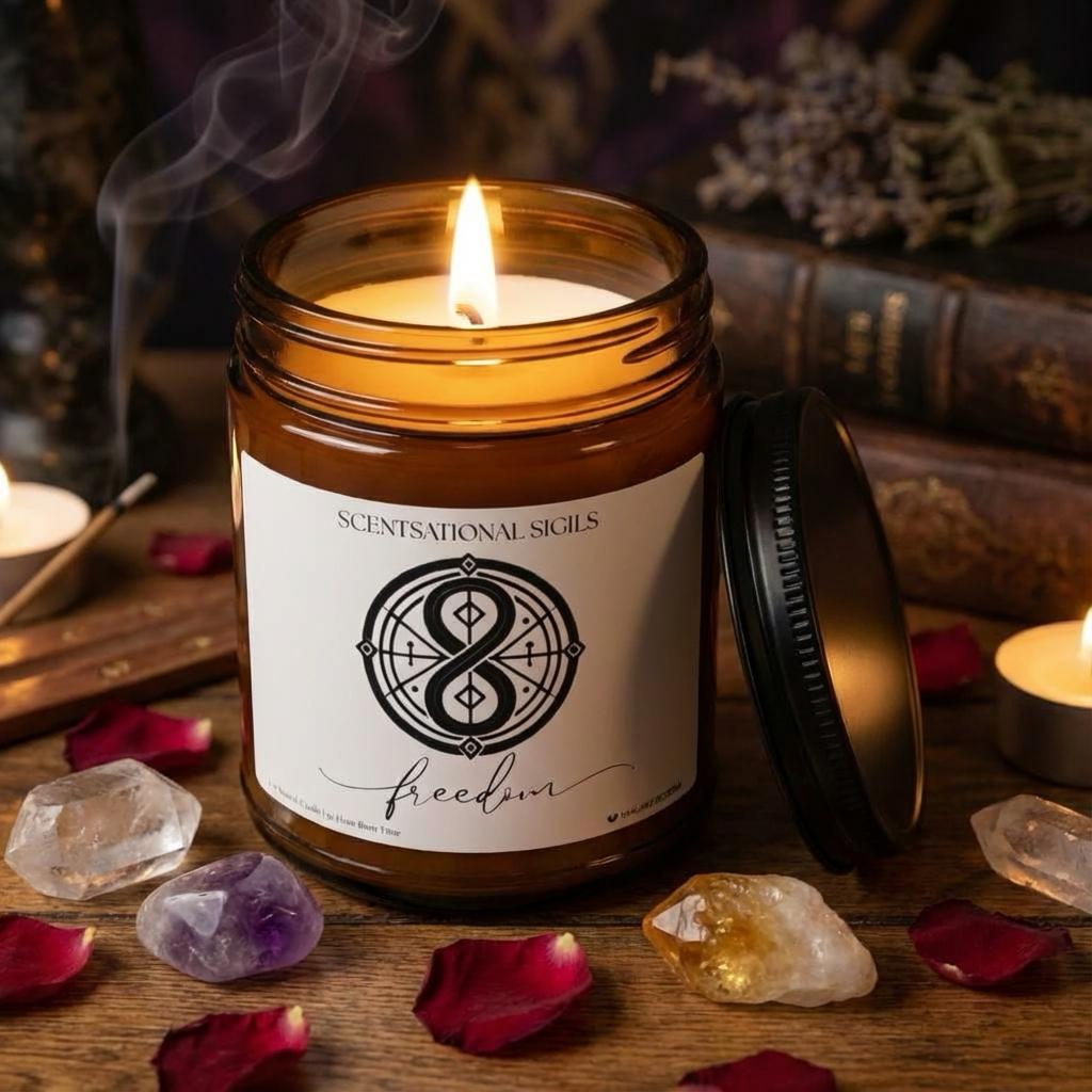 Amber glass intention candle featuring the Freedom sigil symbol with ‘freedom’ written in script underneath, displayed on an altar with sacred items
