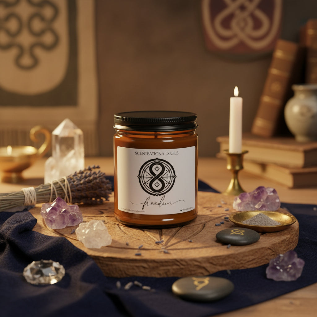 Amber glass intention candle featuring the Freedom sigil symbol with ‘freedom’ written in script underneath, displayed on an altar with sacred items