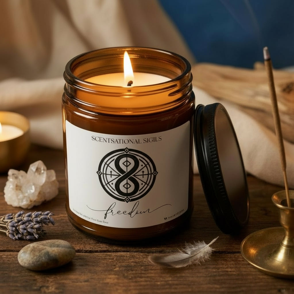 Amber glass intention candle featuring the Freedom sigil symbol with ‘freedom’ written in script underneath, displayed on an altar with sacred items