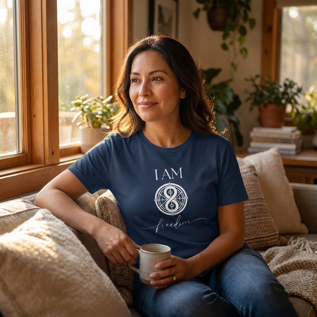 A woman in her late 40s with olive skin and a calm, empowered expression, holding a mug and sitting in a cozy living room with warm window light. She is wearing a navy “I AM Freedom” t-shirt with a white sigil design