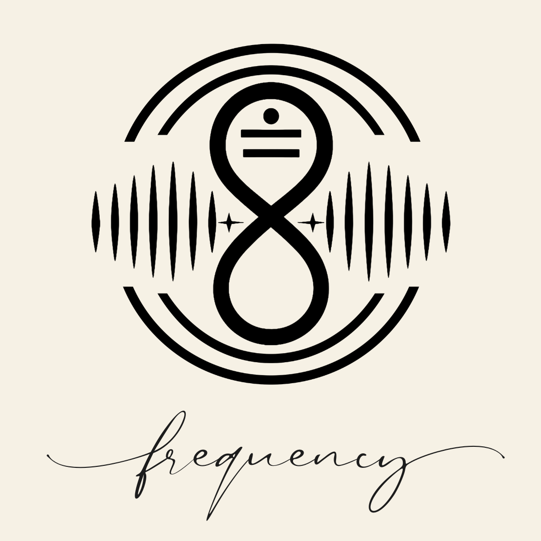 Close up on the main label image of Frequency sigil symbol with corresponding script underneath on neutral background