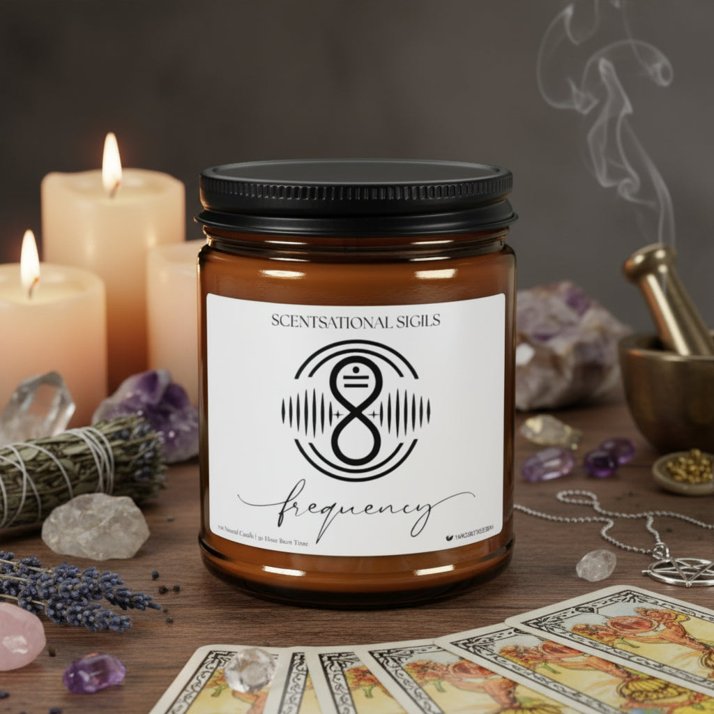 Amber glass intention candle featuring the Frequency sigil symbol with ‘frequency’ written in script underneath, displayed on an altar with sacred items