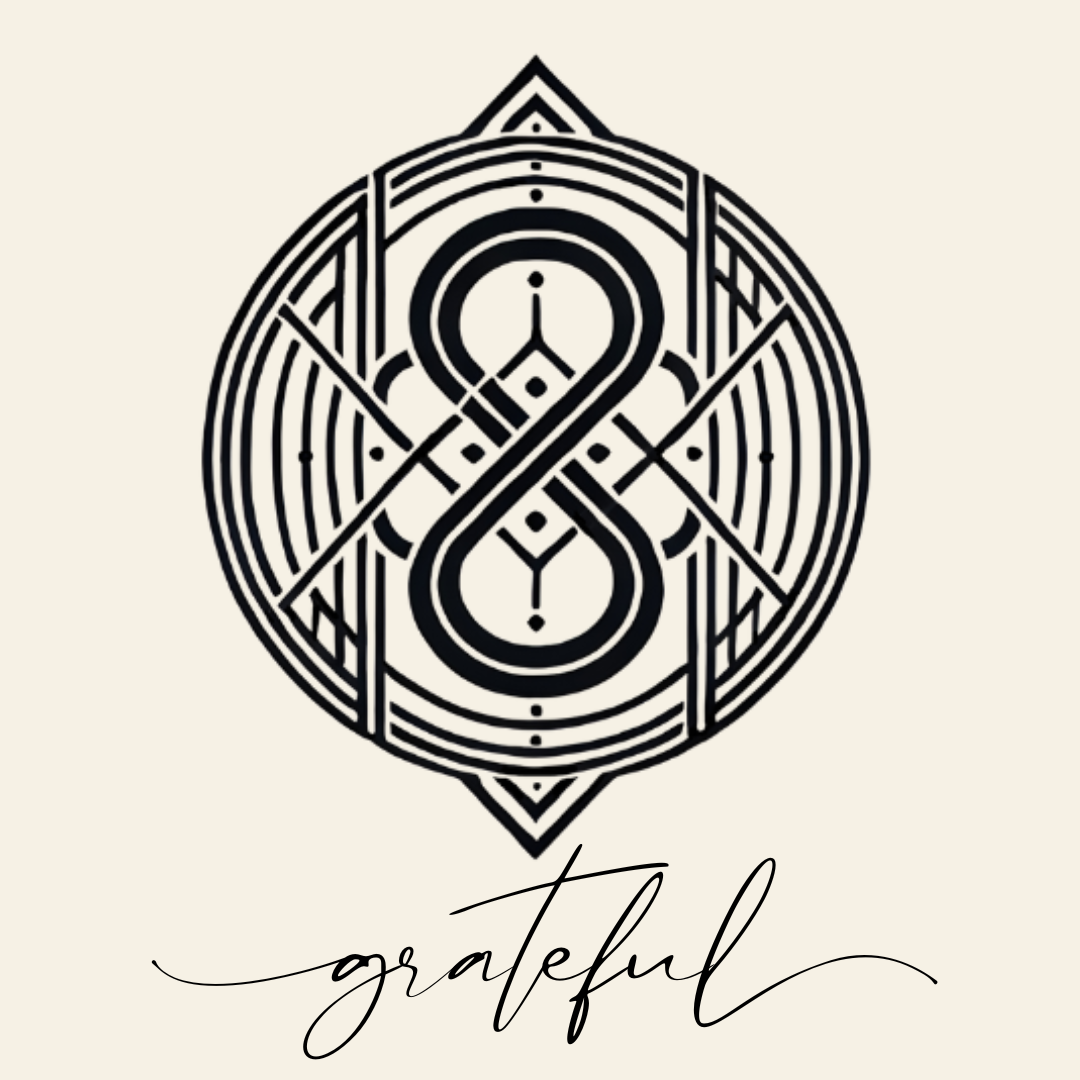 Close up on the main label image of Grateful sigil symbol with corresponding script underneath on neutral background