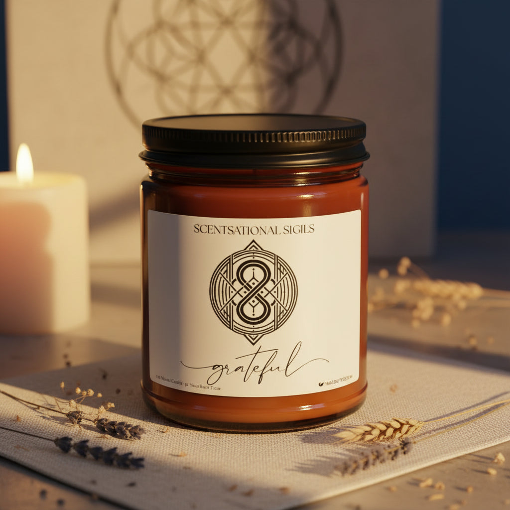 Amber glass intention candle featuring the Grateful sigil symbol with ‘grateful’ written in script underneath, displayed on an altar with sacred items
