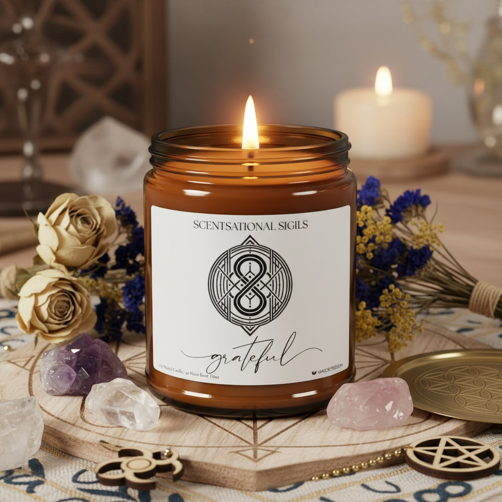 Amber glass intention candle featuring the Grateful sigil symbol with ‘grateful’ written in script underneath, displayed on an altar with sacred items