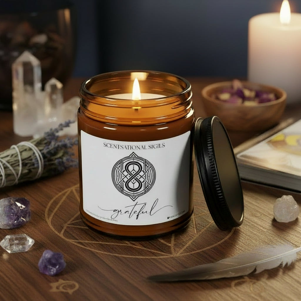Amber glass intention candle featuring the Grateful sigil symbol with ‘grateful’ written in script underneath, displayed on an altar with sacred items