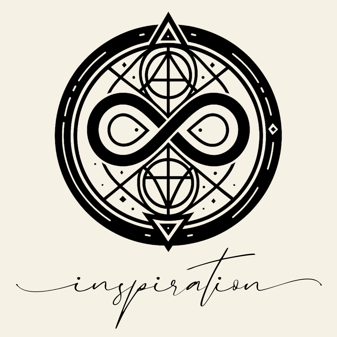 Close up on the main label image of Inspiration sigil symbol with corresponding script underneath on neutral background
