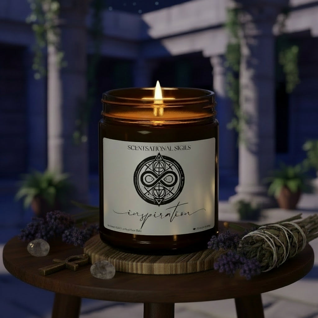 Amber glass intention candle featuring the Inspiration sigil symbol with ‘inspiration’ written in script underneath, displayed on an altar with sacred items