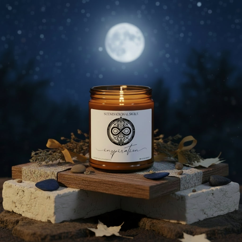 Amber glass intention candle featuring the Inspiration sigil symbol with ‘inspiration’ written in script underneath, displayed on an altar with sacred items