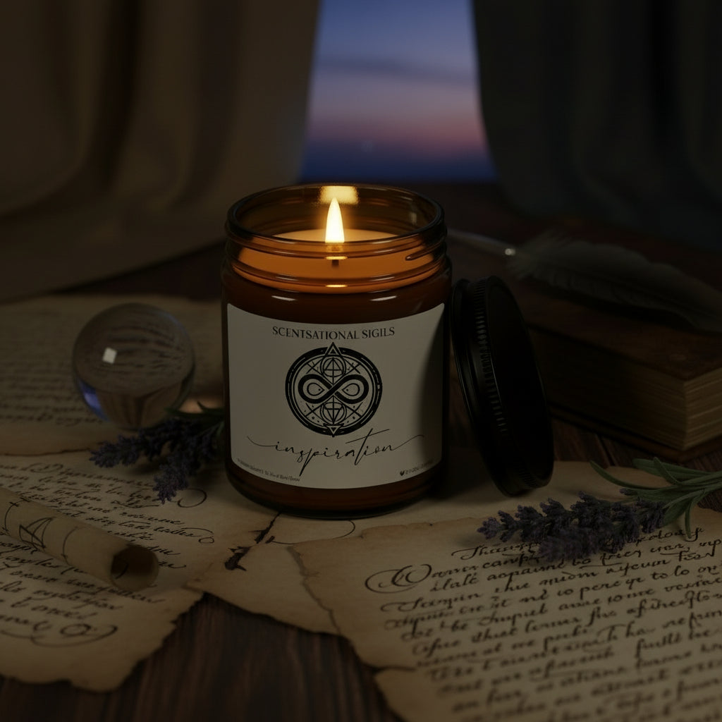 Amber glass intention candle featuring the Inspiration sigil symbol with ‘inspiration’ written in script underneath, displayed on an altar with sacred items