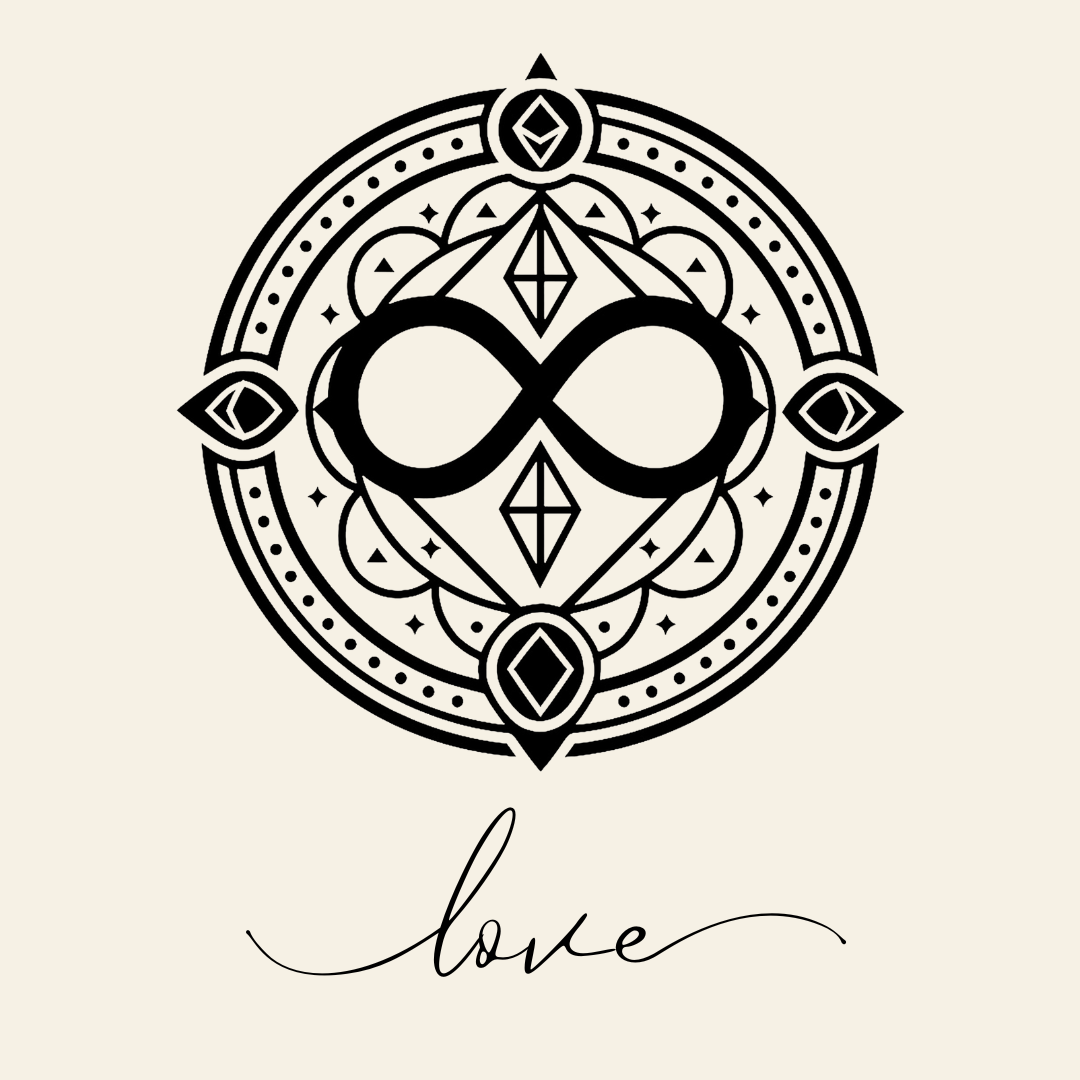 Close up on the main label image of Love sigil symbol with corresponding script underneath on neutral background
