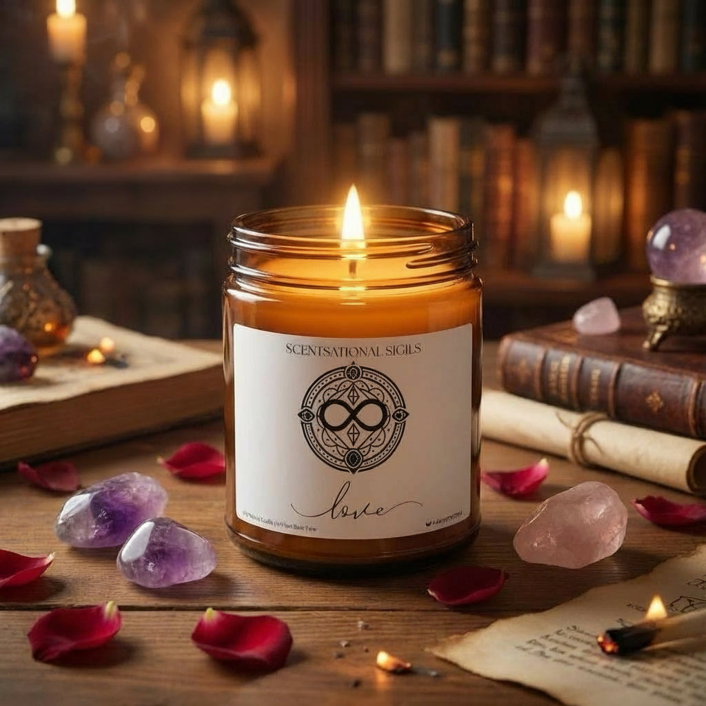 Amber glass intention candle featuring the Love sigil symbol with ‘love’ written in script underneath, displayed on an altar with sacred items