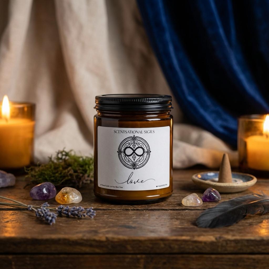 Amber glass intention candle featuring the Love sigil symbol with ‘love’ written in script underneath, displayed on an altar with sacred items