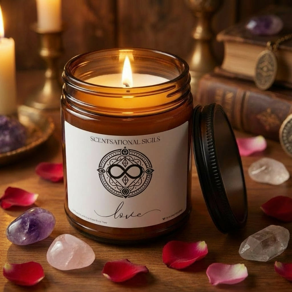 Amber glass intention candle featuring the Love sigil symbol with ‘love’ written in script underneath, displayed on an altar with sacred items