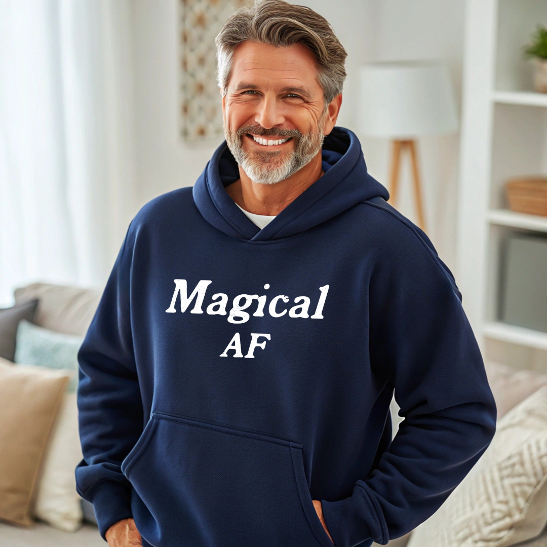 Model wearing a crew neck hoodie with Magical AF printed in block letters and centered on the chest.
Wear it, own it, live it.
