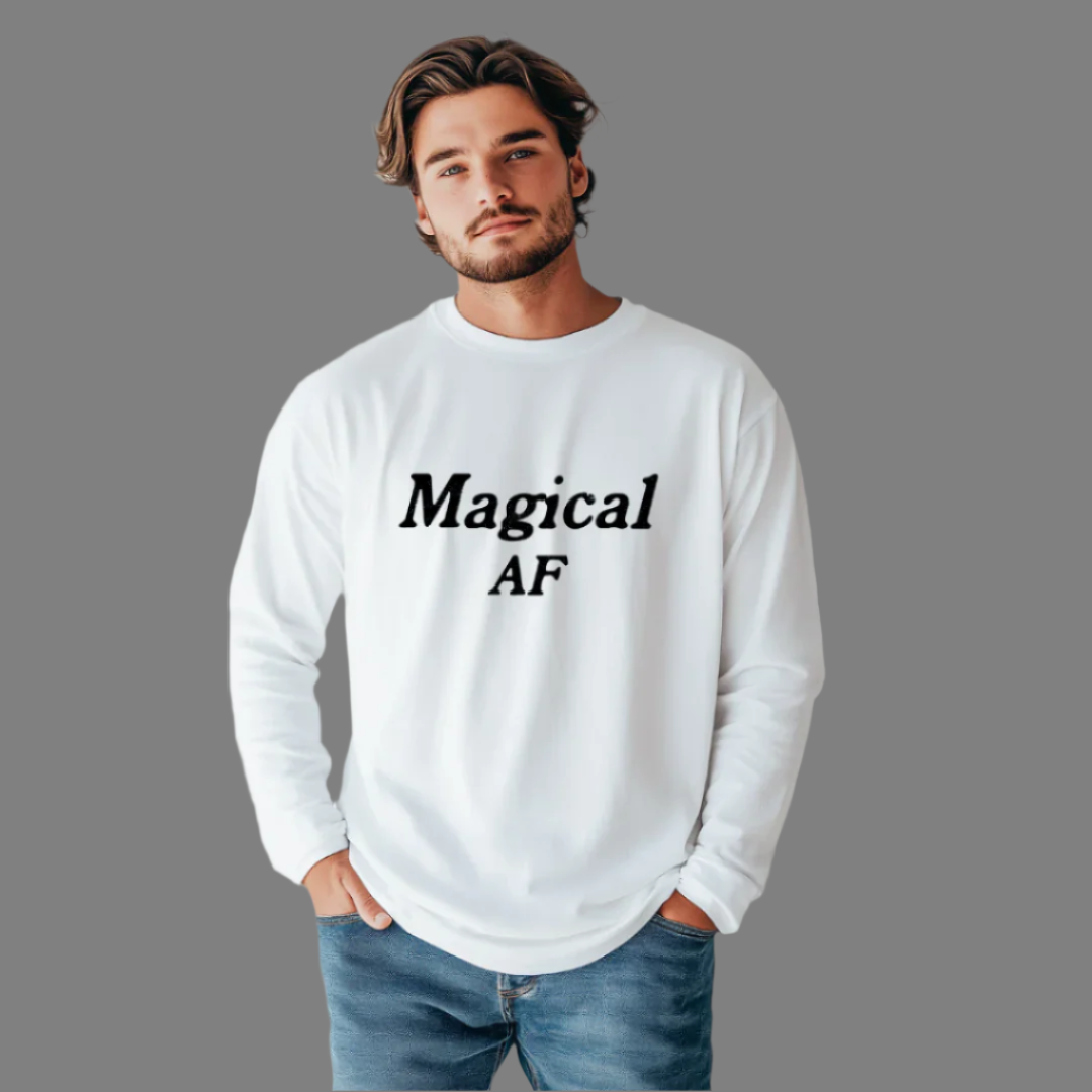 Model wearing a crew neck, long sleeve T-shirt with Magical AF printed in block letters and centered on the chest.
Wear it, own it, live it