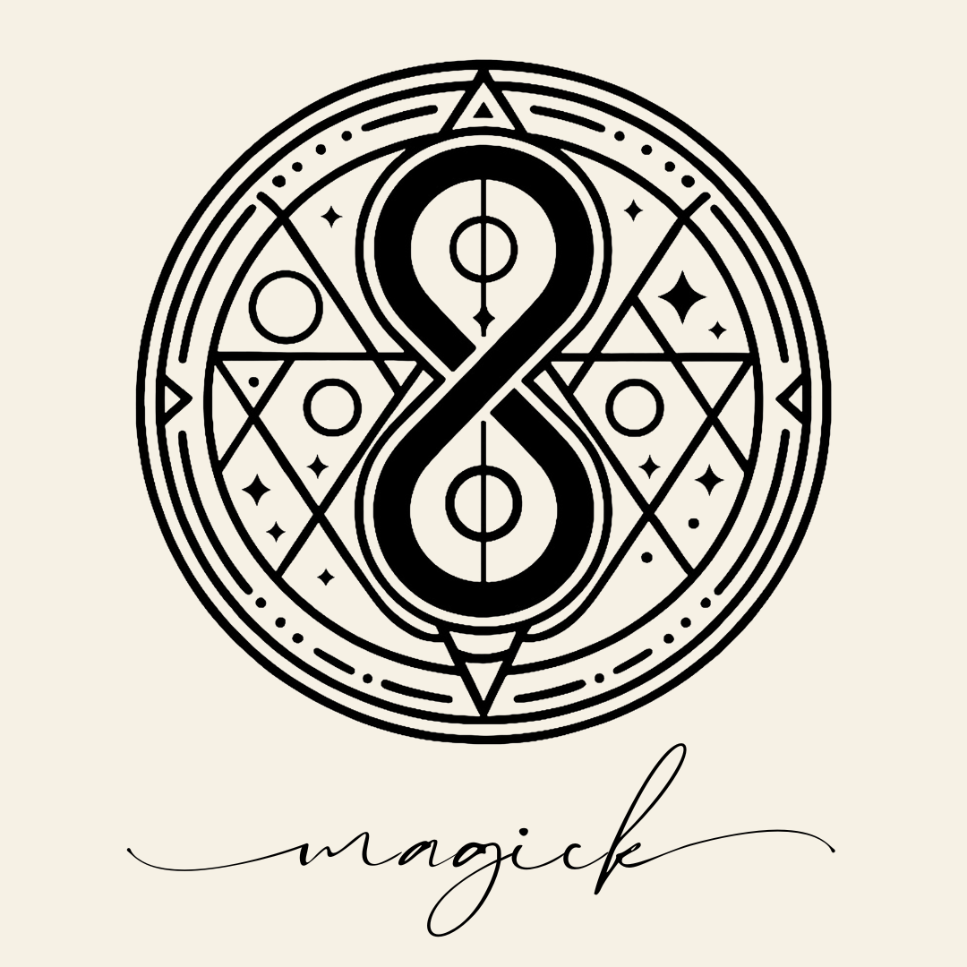 Close up on the main label image of Magick sigil symbol with corresponding script underneath on neutral background